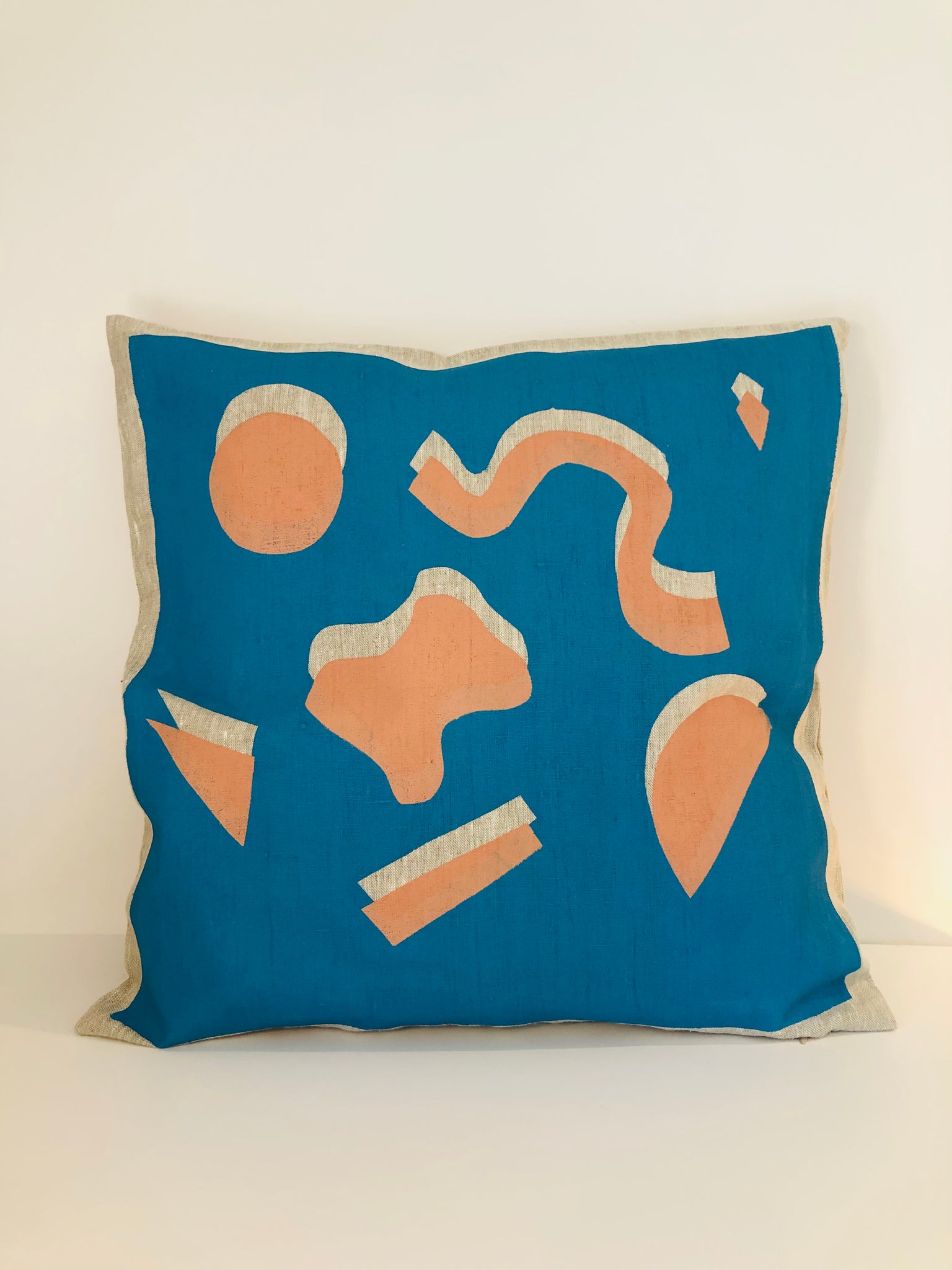 Squiggle Me This - Linen Cushion Cover (Coastal Blue x Peach)